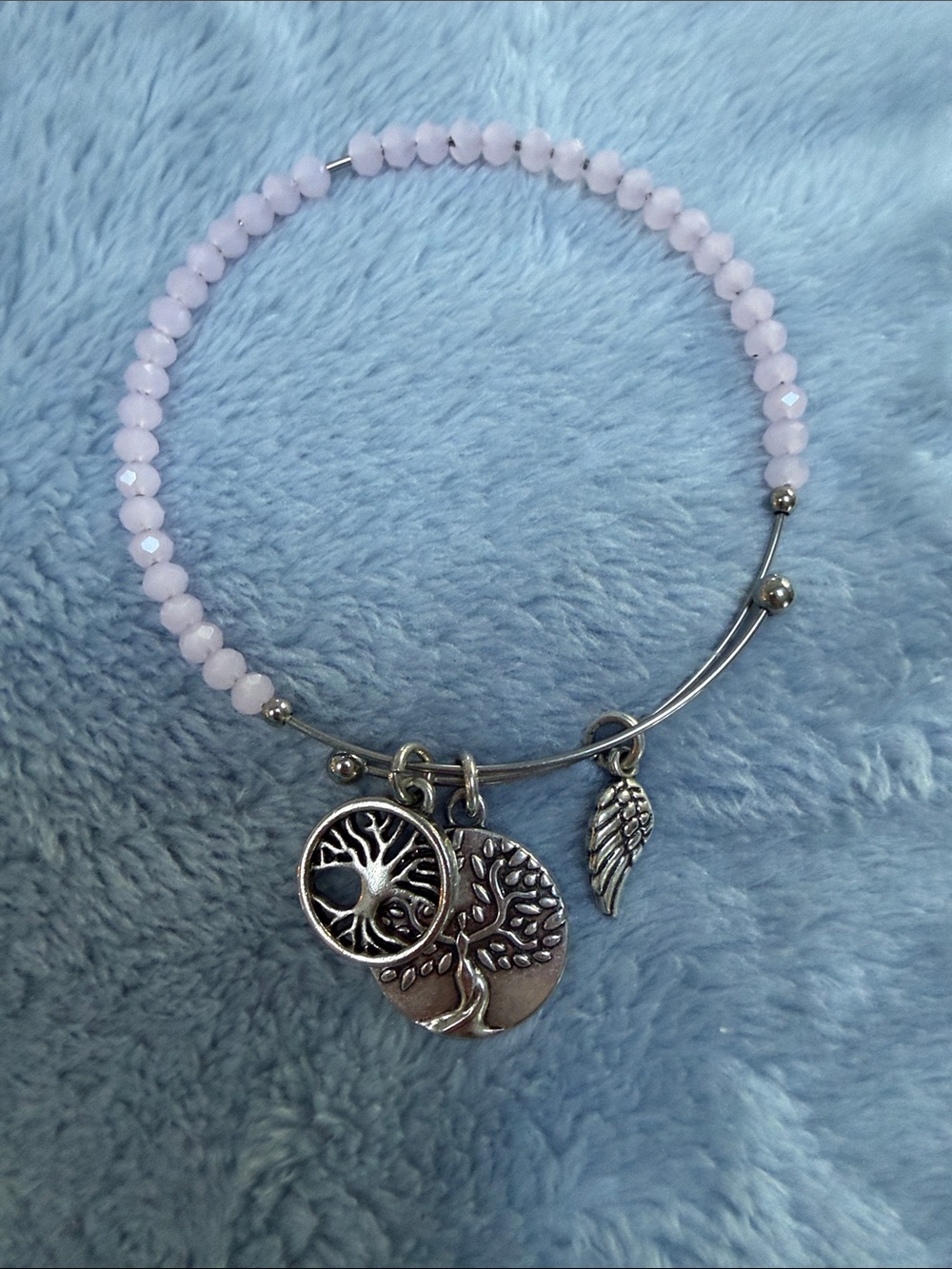 Silver Tree & Wing Charm Bracelet with Light Pink Beads